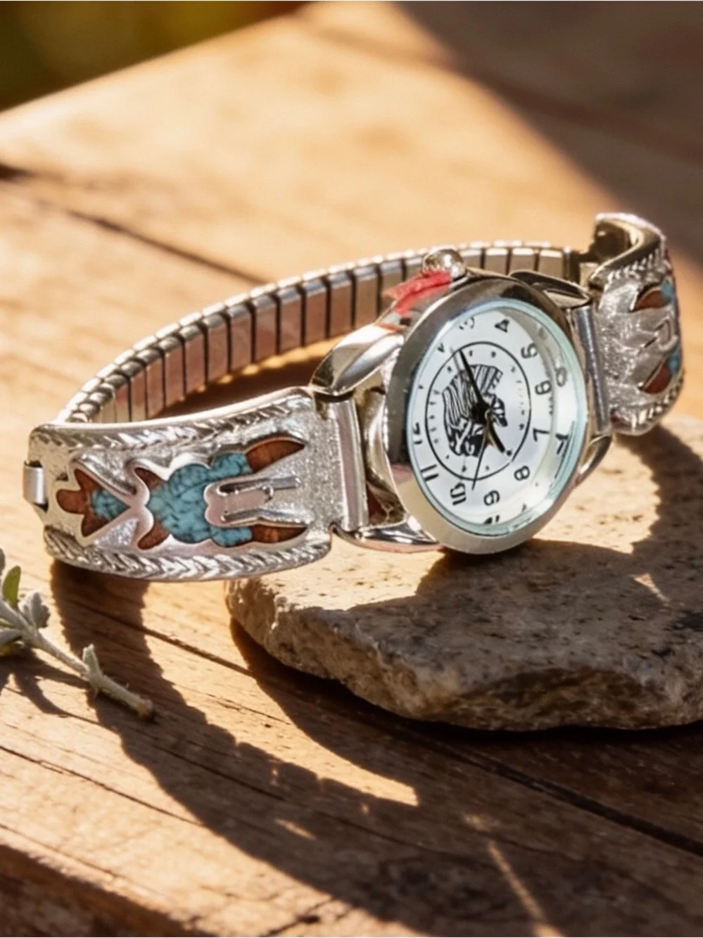Woman’s Silver Navajo Thunderbird Turquoise/Coral Band Indian Liberty Coin Watch